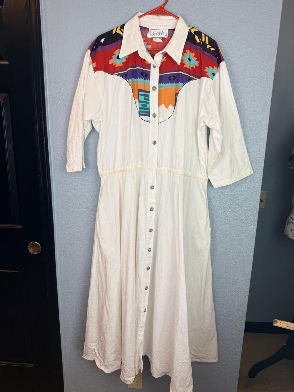 Vintage D.Frank Shirt Dress Womens 14 White Southwestern Western Maxi Cotton 80s